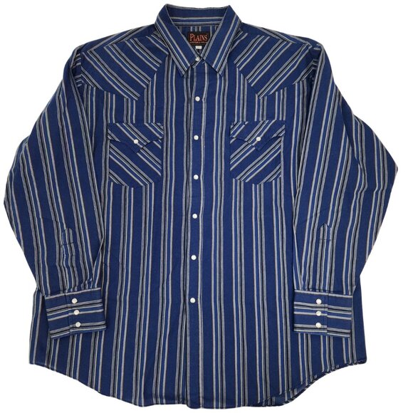 90s Plains Western Wear Mens XL Pearl Snaps Blue Stripes Snap Button Long Sleeve - Picture 2 of 12
